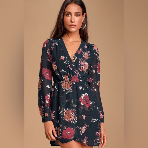 Lulus Dresses & Skirts - Lulu’s Navy Floral Dress with Sheer Sleeves- Size Medium